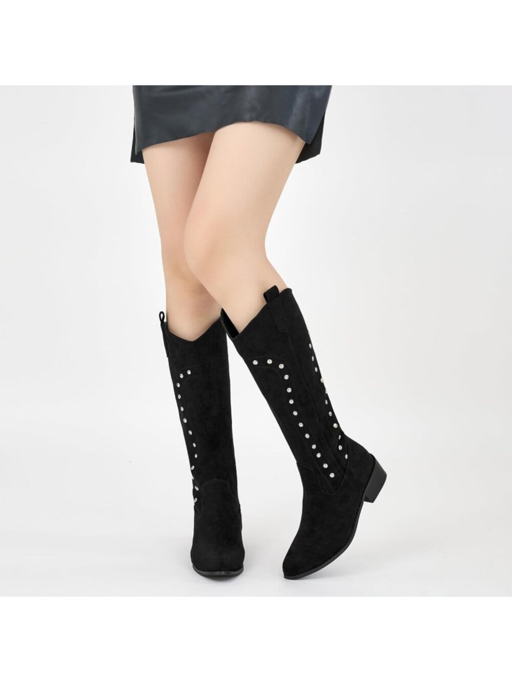 Women's Black Western Knee High Wide Calf Suede Cowgirl Boots Comfortable - Picture 5 of 5